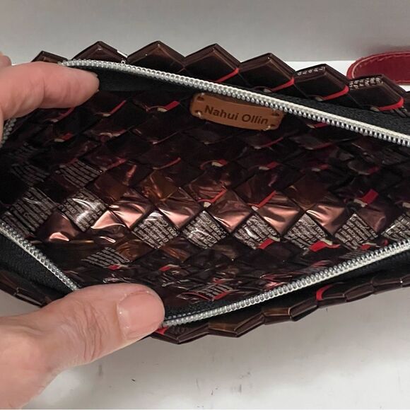 Nahui Ollin Handcrafted Woven Candy Wrappers Wristlet Maroon Upcycled Designer - Picture 5 of 8